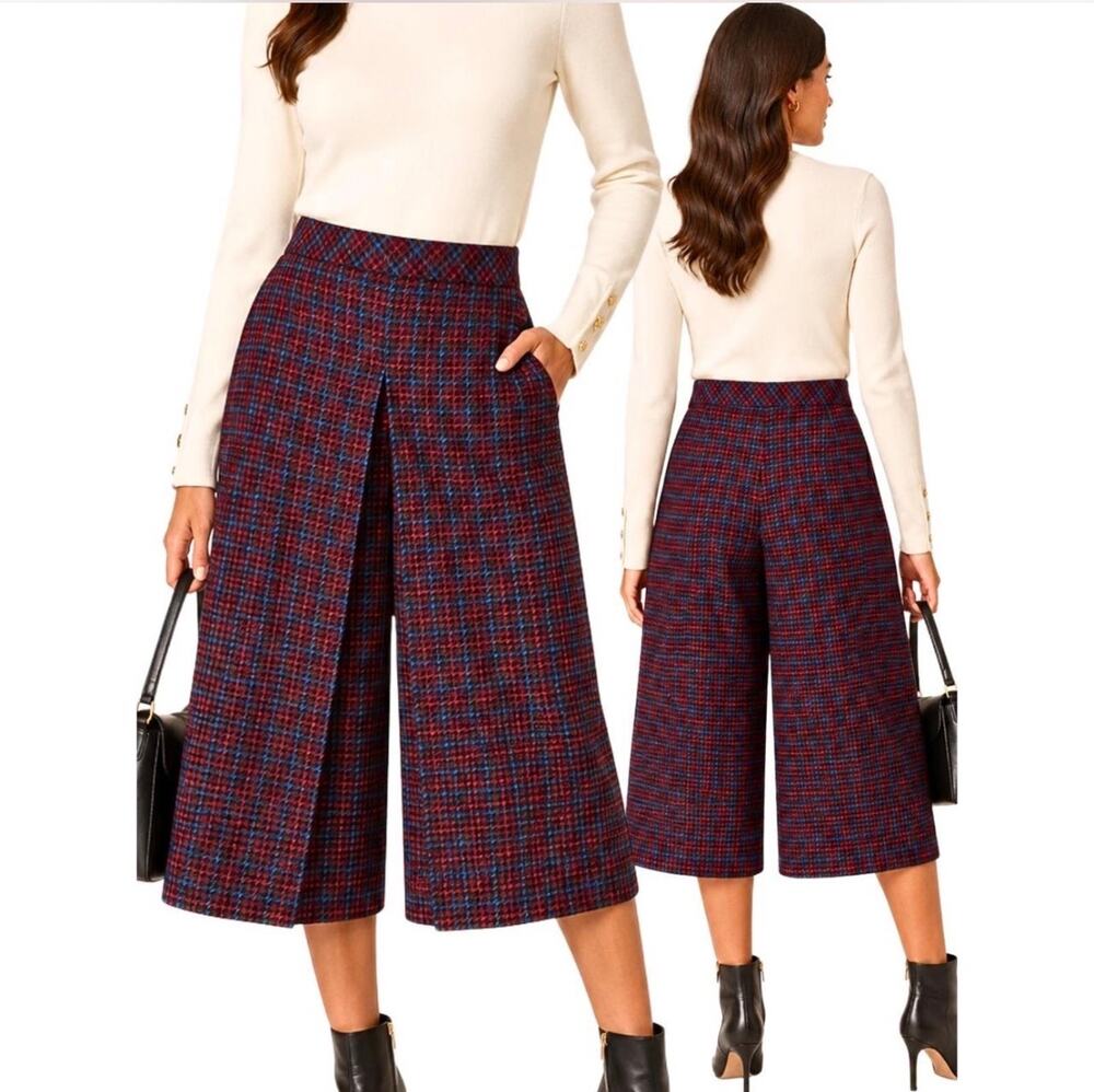 Trina Turk Prizzi Wide Leg Culotte Pants Plaid Size 4 Cropped $248 NWT